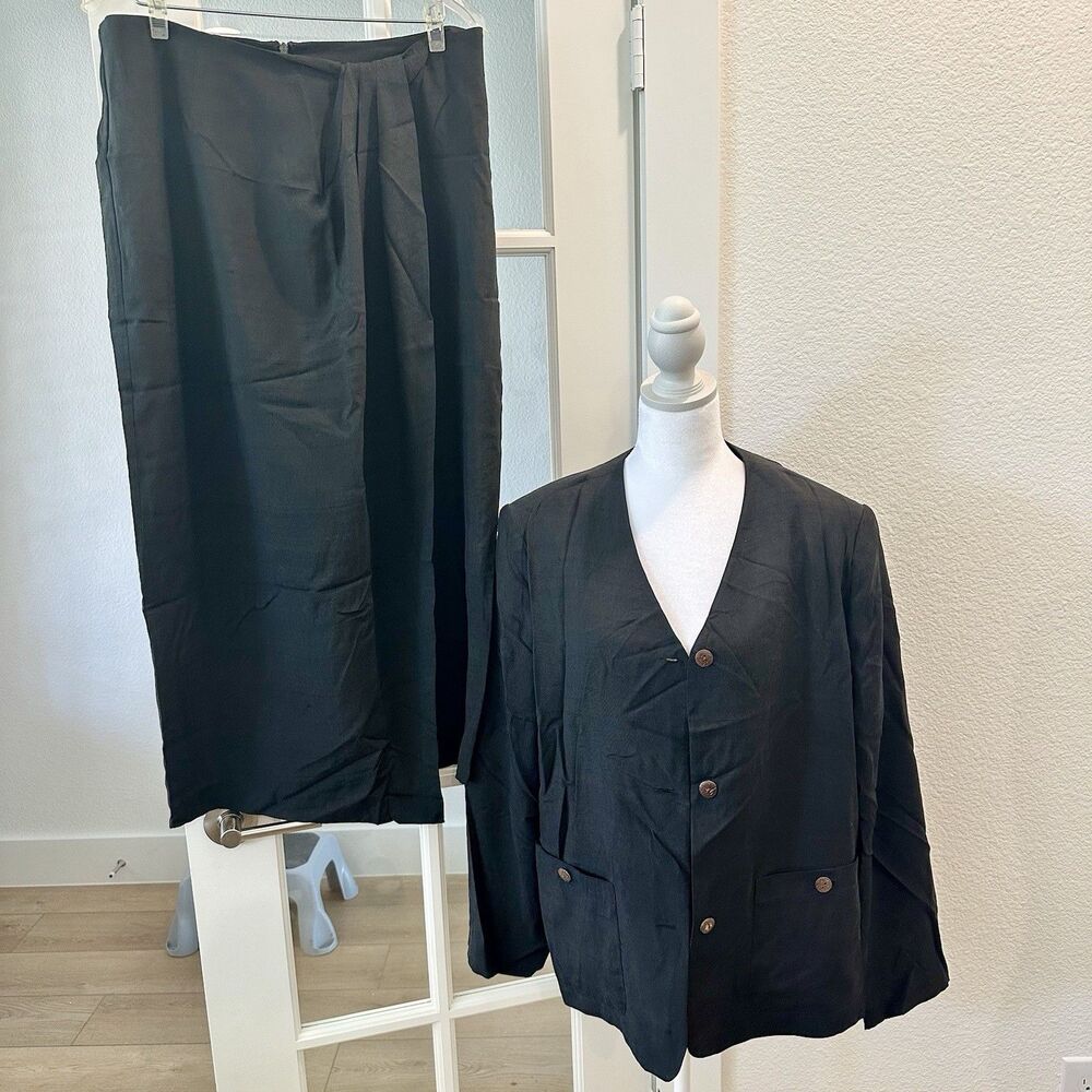 Studio 3000 Women Black Skirt Suit 100% Silk Sz 14 Faux Wrap Skirt Midi 2pc
